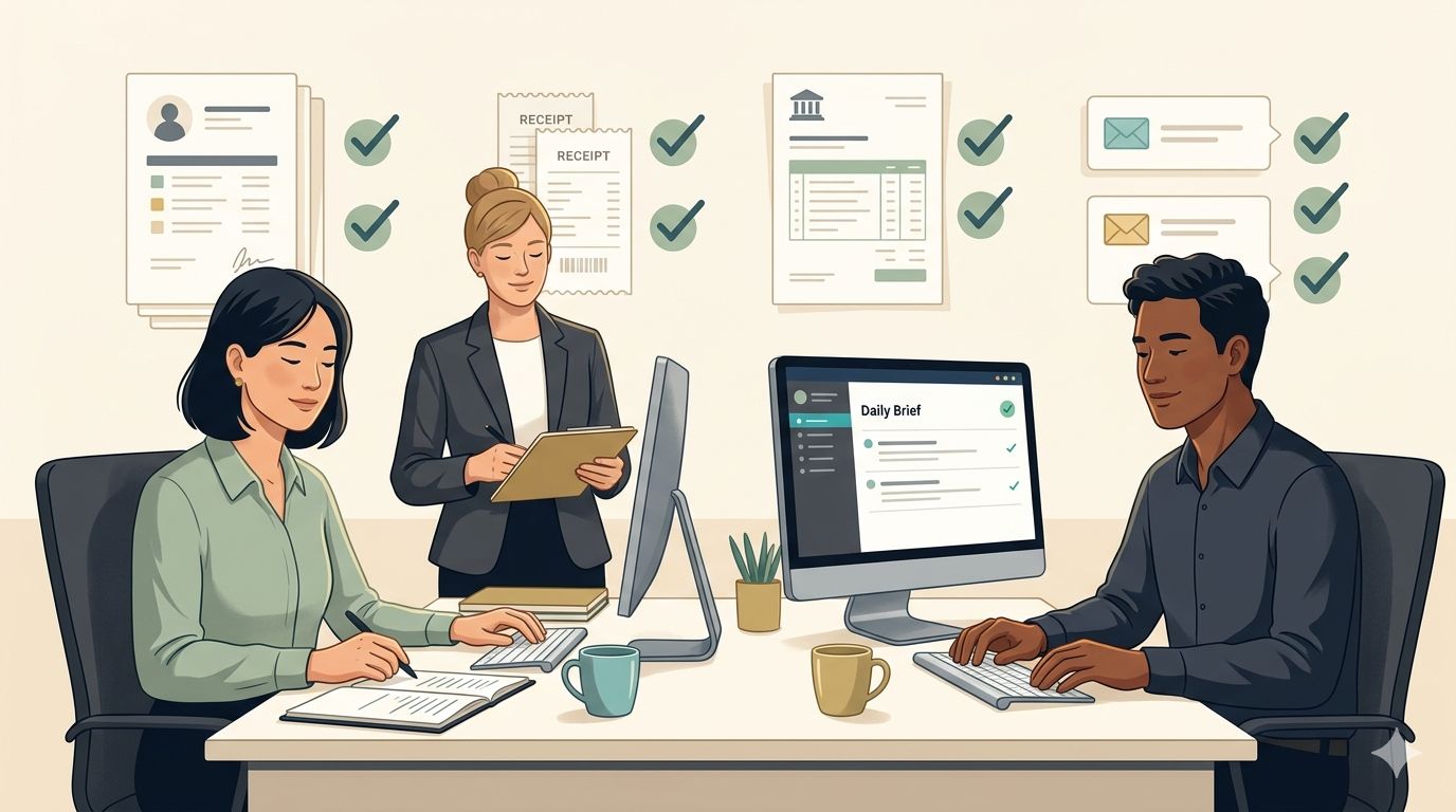 A calm accounting team after completing their daily brief