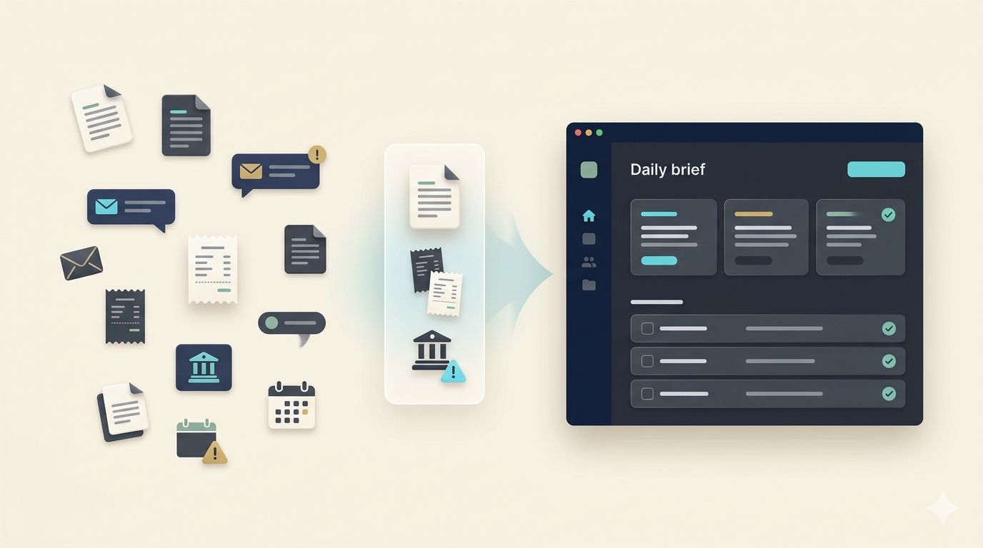 Client admin chaos turning into an organized daily brief